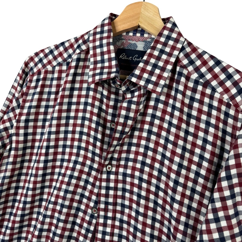 Robert Graham Mens Tailored Fit Gingham Button Front Shirt Burgundy Navy Small